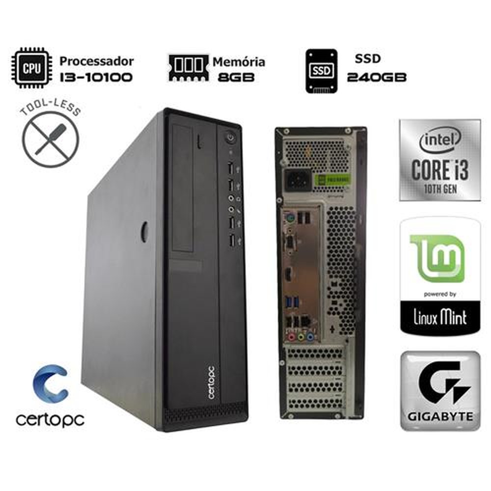 Computador Intel Core i3 10100 10ª Ger. 8GB SSD 240GB Corporate 401 Linux - CERTO PC