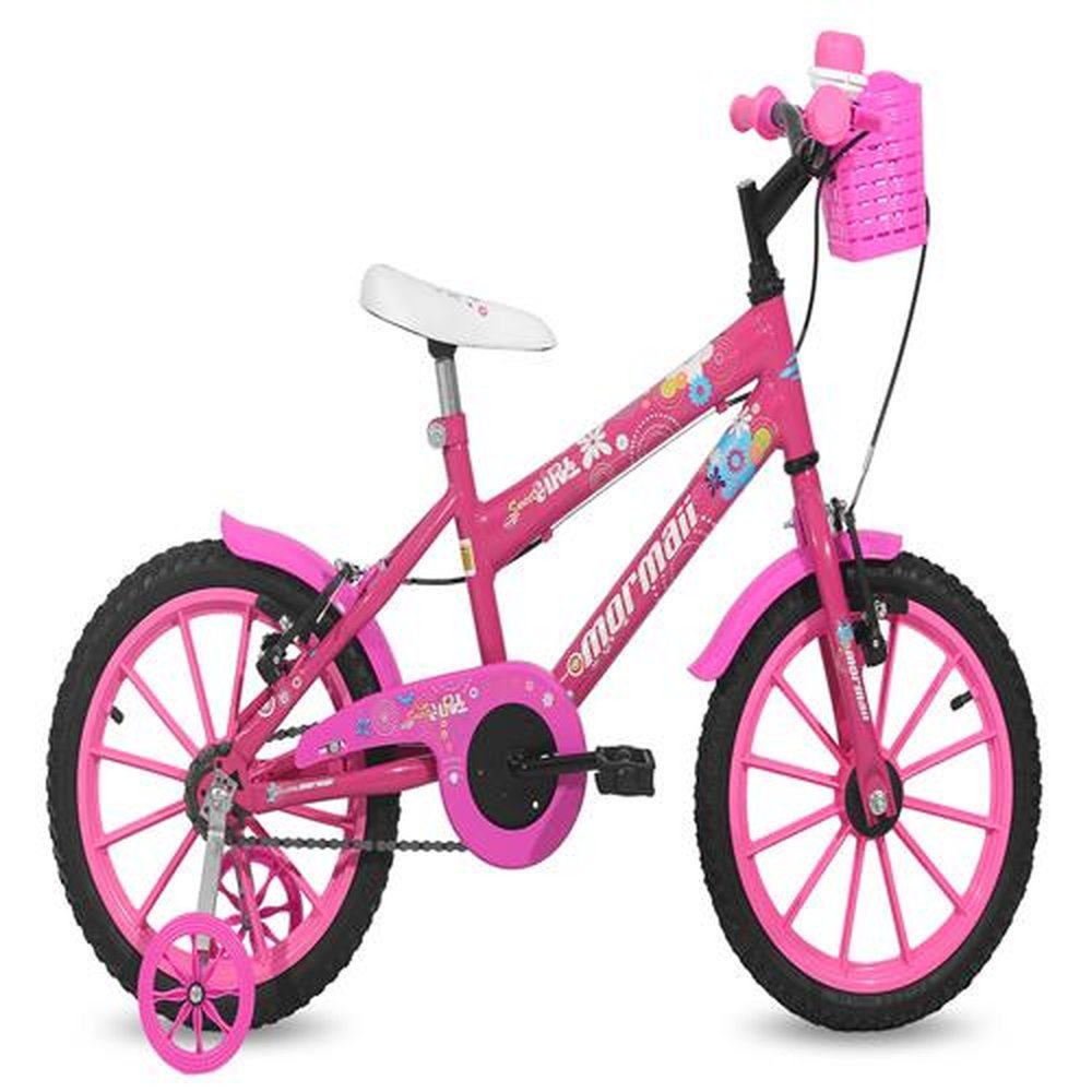 Bicicleta Mormaii Aro 16 PP MTB 45,0 1V Fem Sweet Girl c/ Cesta V-Brake Rosa Barbie