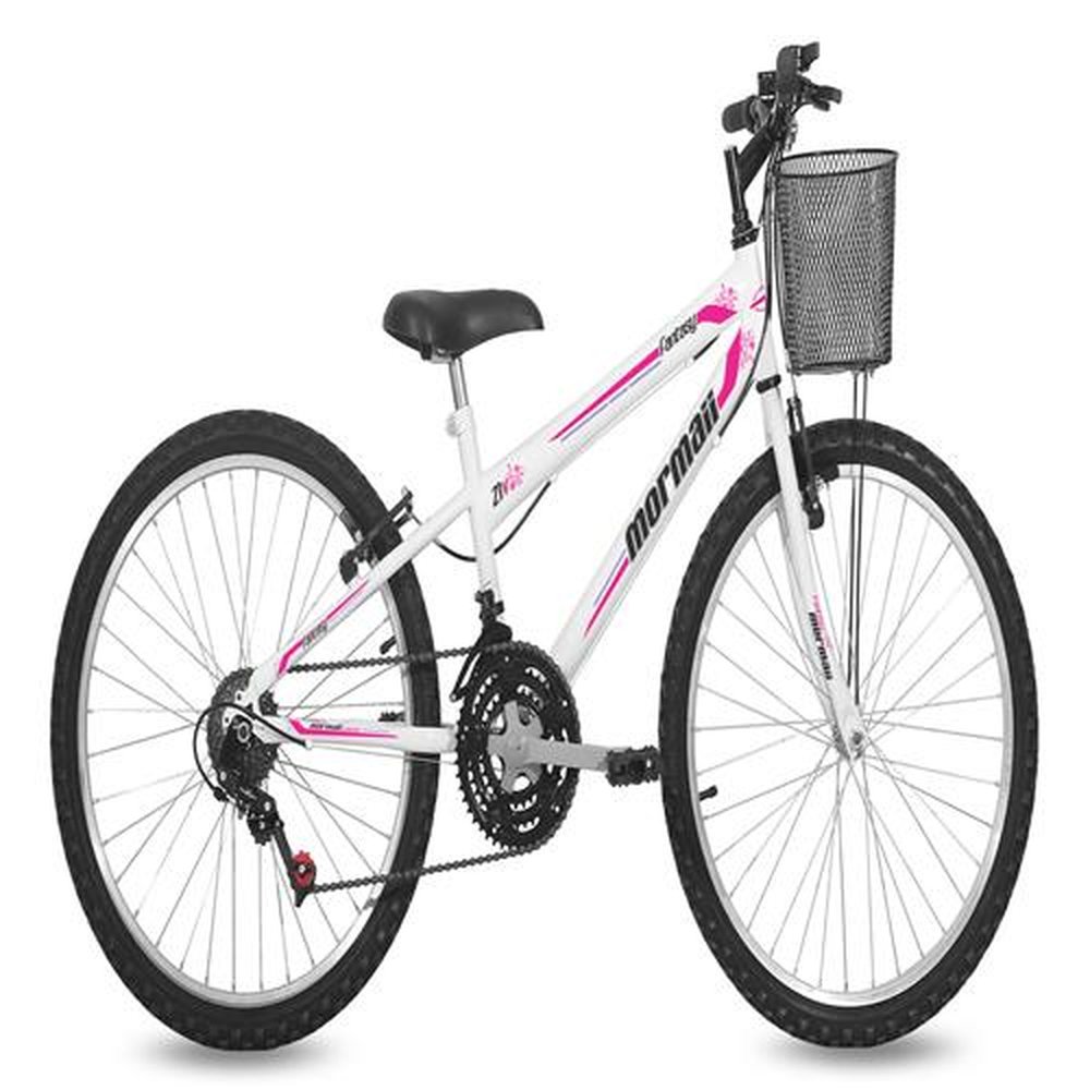 Bicicleta Mormaii Aro 24 MTB 34,7 21V Fem Fantasy c/ Cesta V-Brake Rosa Barbie
