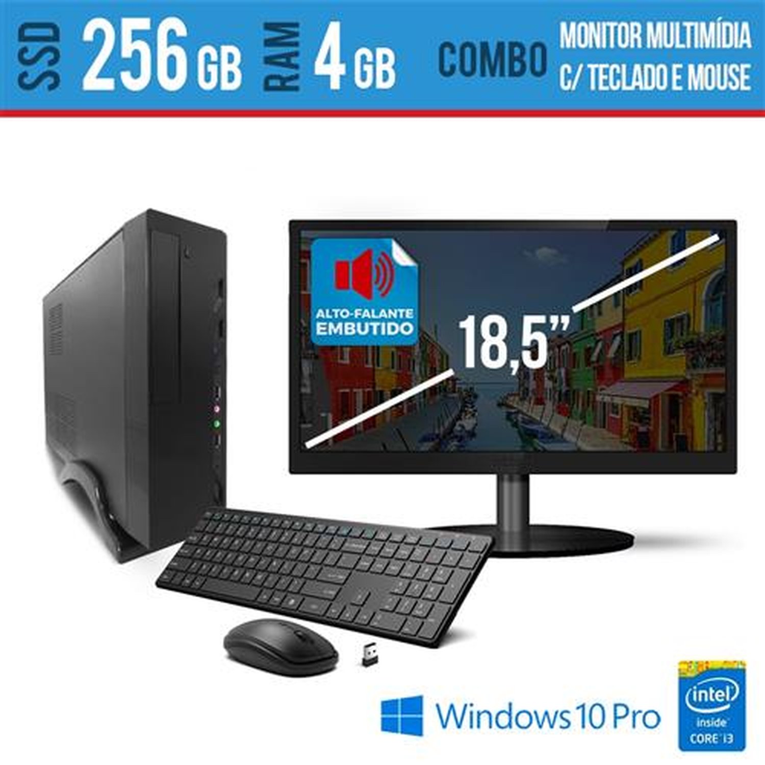 Computador Megaview Intel i3 4GB Pro SSD 256 teclado e Mouse sem fio Windows e Monitor com som