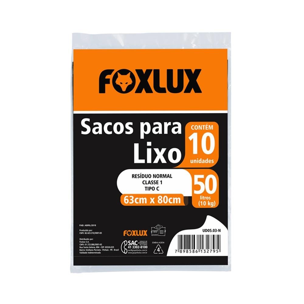 Saco De Lixo Preto Foxlux Ud05.03-N 50 Litros 63X80 Cm 10 Unidades Resistente Para Uso Doméstico