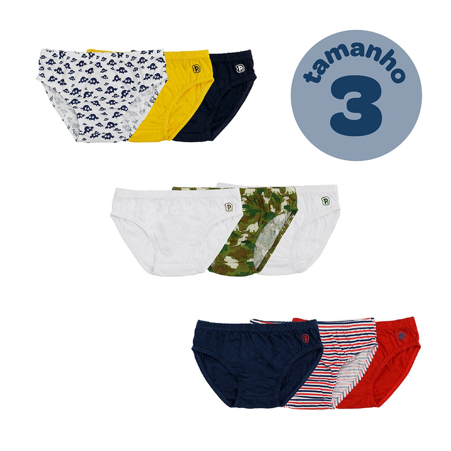 Pack Com 6 Kits Cueca Infantil Cada kit Com 3 Peças Tamanho 03 Anos Masculino Pimpolho.
