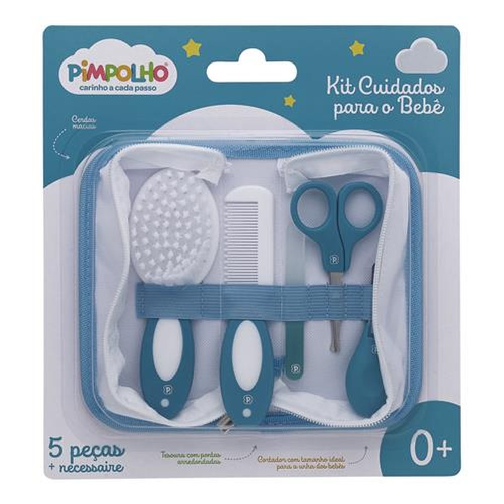 Kit Cuidados Com Bebê 5 Peças + Necessaire: Tesoura, Cortador, Lixa De Unha, Pente E Escova Com 12 Unidades.