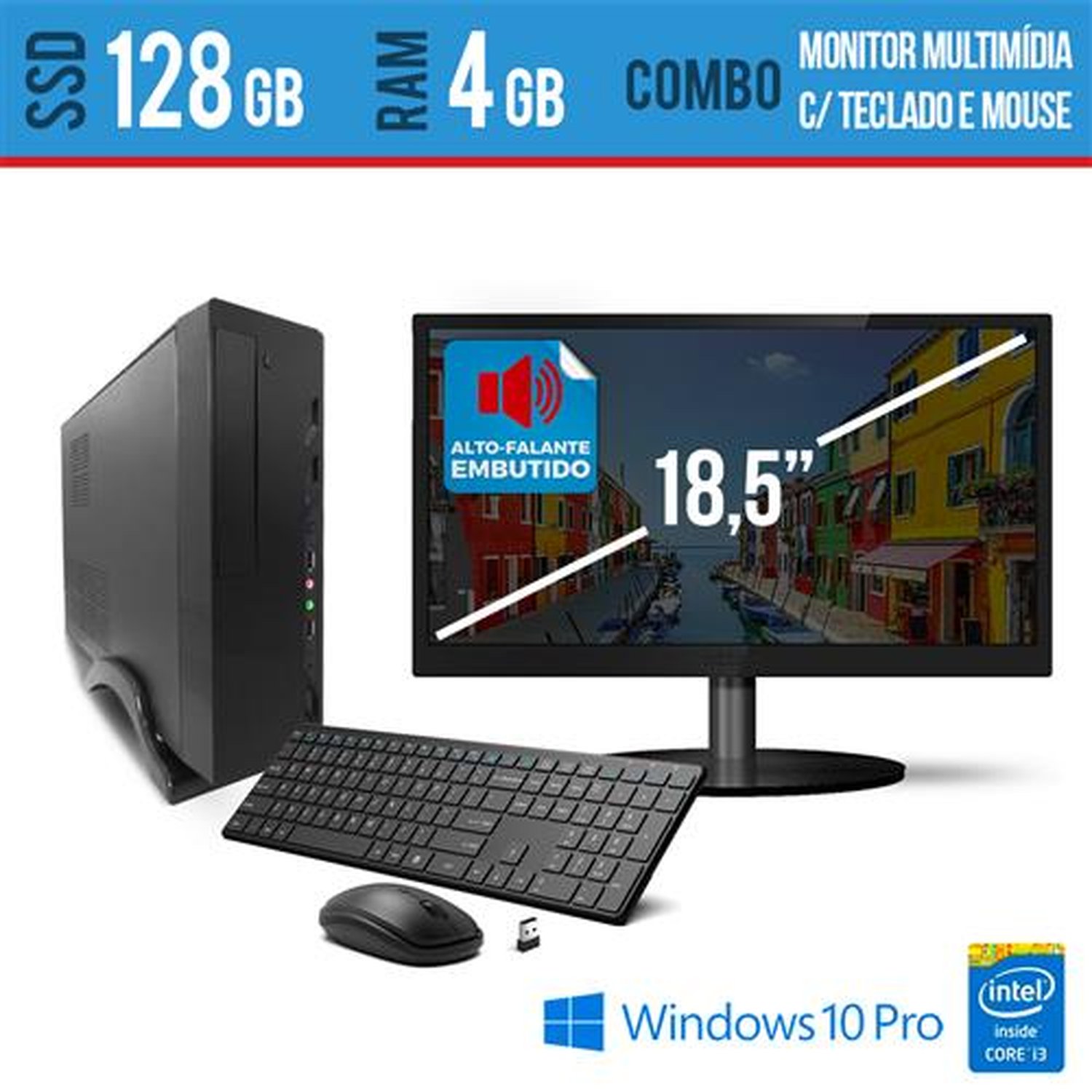 Computador Megaview Intel i3 4GB Pro SSD 120 teclado e Mouse sem fio Windows e Monitor com som