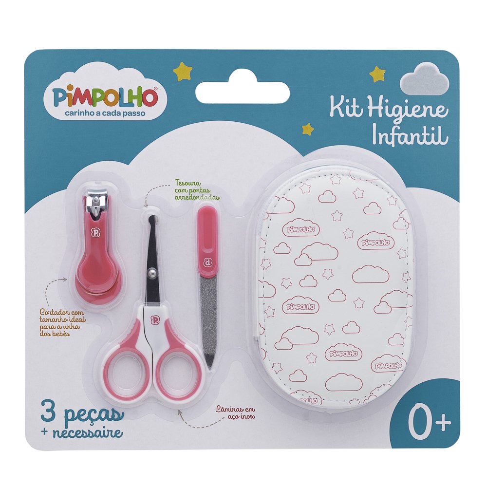 Kit Cuidados Com Bebê 3 Peças + Necessaire: Tesoura, Cortador E Lixa De Unha Com 12 Unidades.
