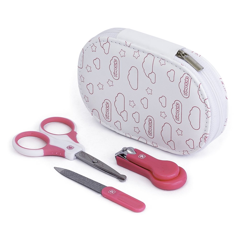 Kit Cuidados Com Bebê 3 Peças + Necessaire: Tesoura, Cortador E Lixa De Unha Com 12 Unidades.
