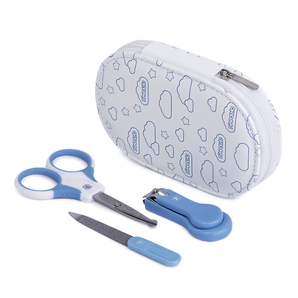 Kit Cuidados Com Bebê 3 Peças + Necessaire: Tesoura, Cortador E Lixa De Unha Com 12 Unidades.
