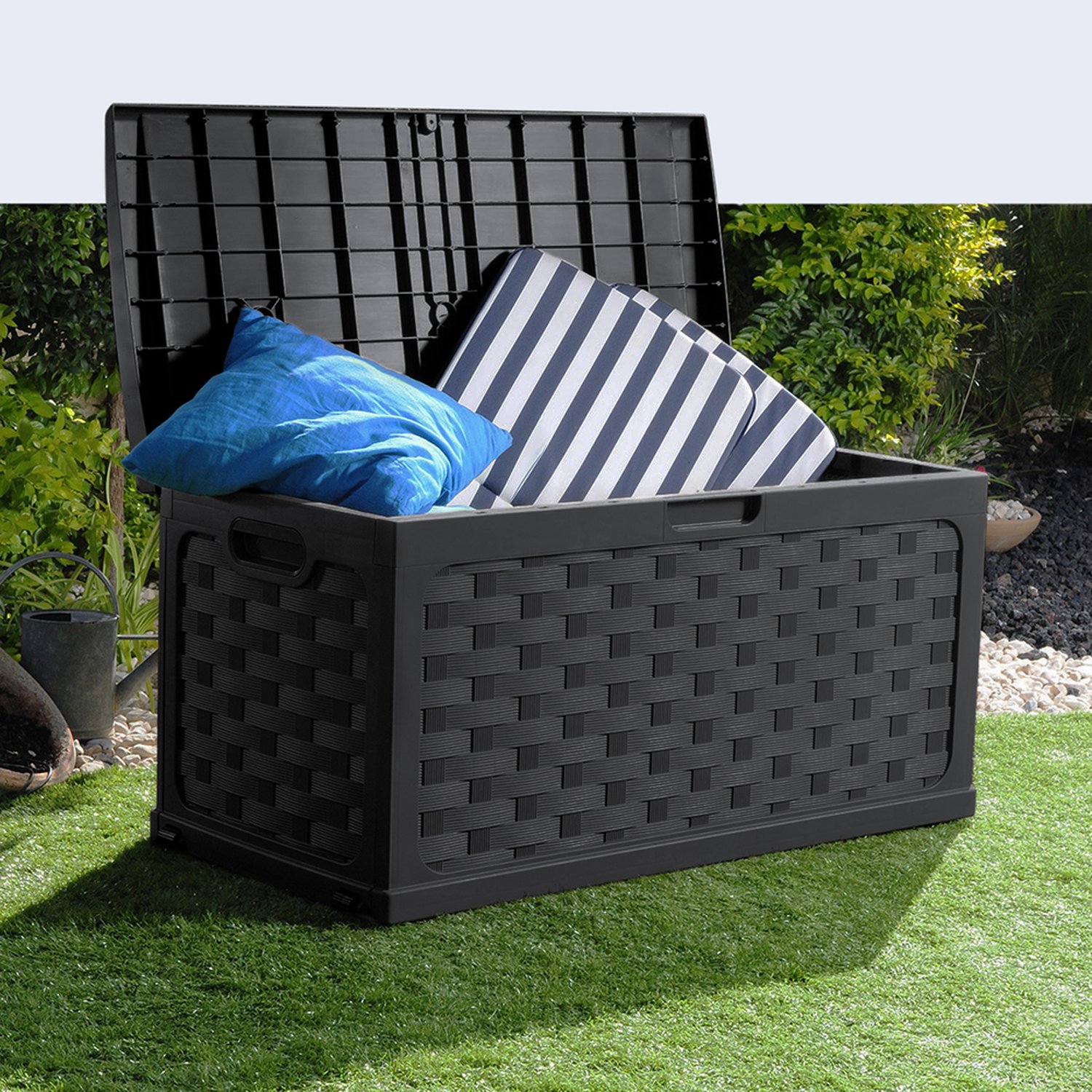 Baú Multiuso de Plástico Rattan 335 Litros com Assento para 2 Pessoas Preto Bel