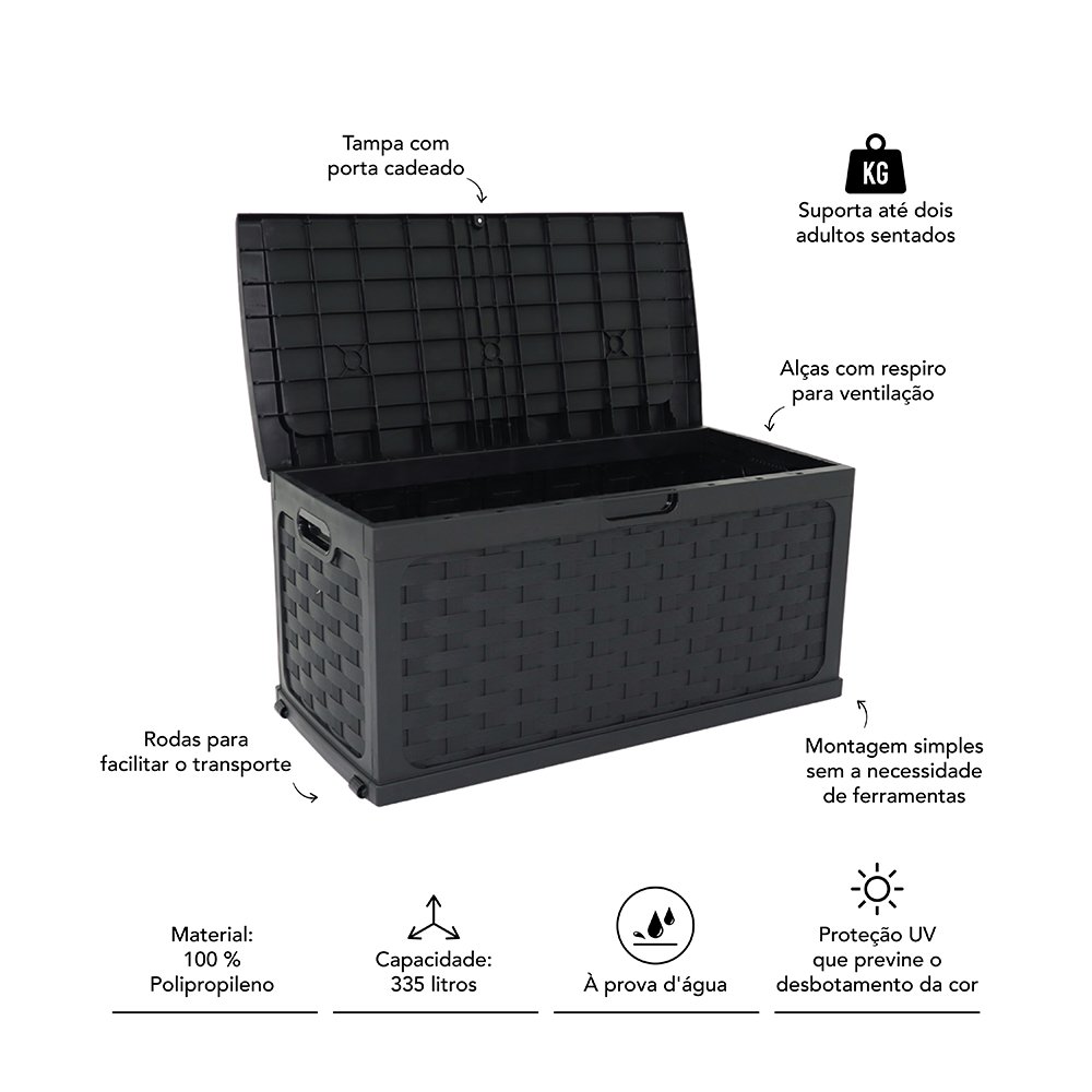 Baú Multiuso de Plástico Rattan 335 Litros com Assento para 2 Pessoas Preto Bel