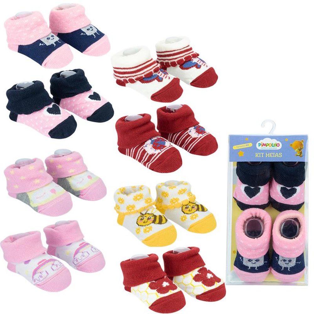 Pack Com 12 Kit Meia Infantil Com 2 Pares RN Feminino Pimpolho