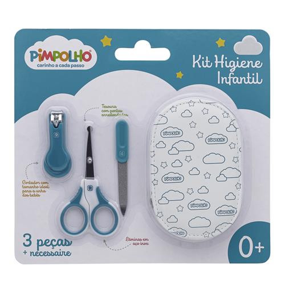 Kit Cuidados Com Bebê 3 Peças + Necessaire: Tesoura, Cortador E Lixa De Unha Com 12 Unidades.