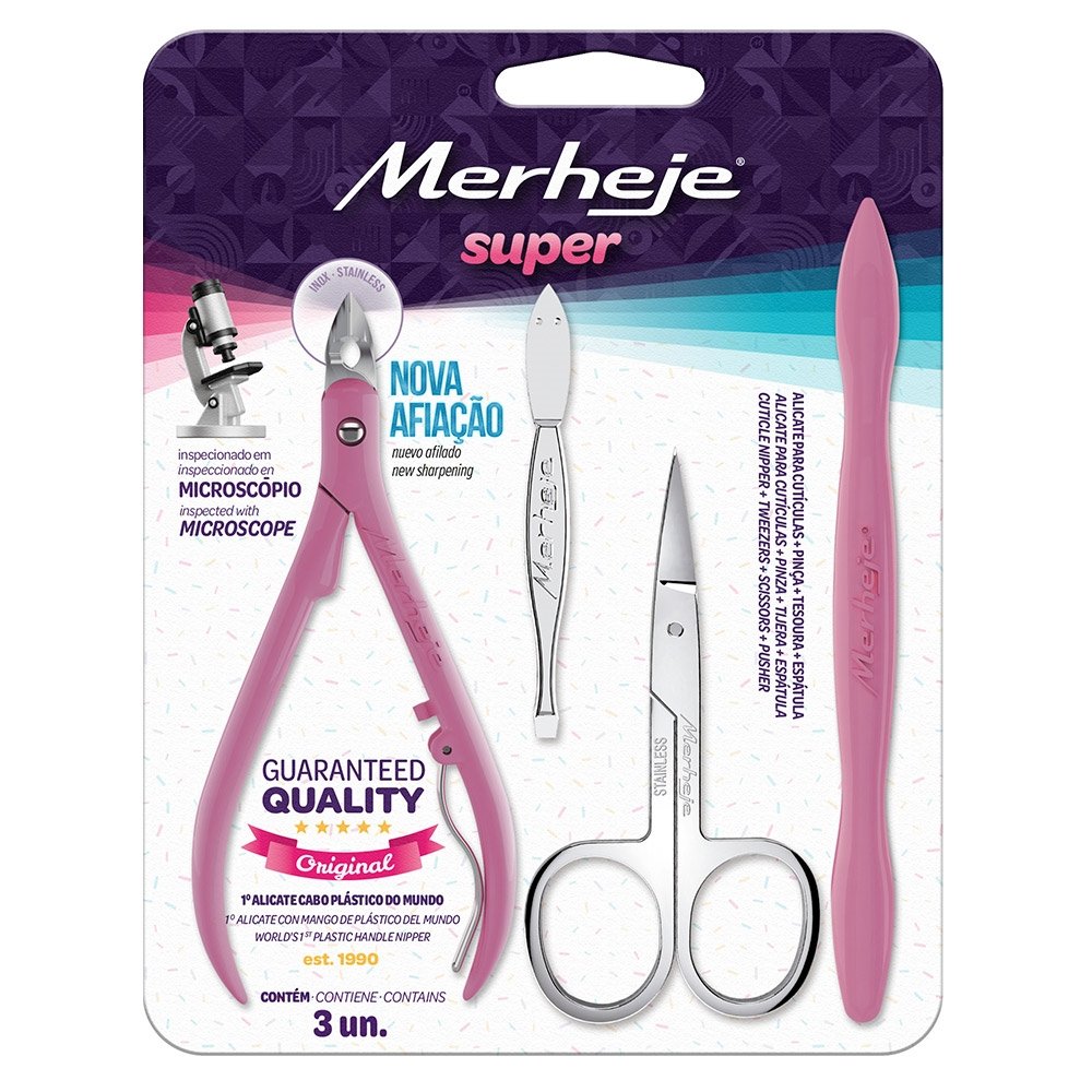 Alicate para Cutícula + Pinça + Espátula + Tesoura Merheje Rosa