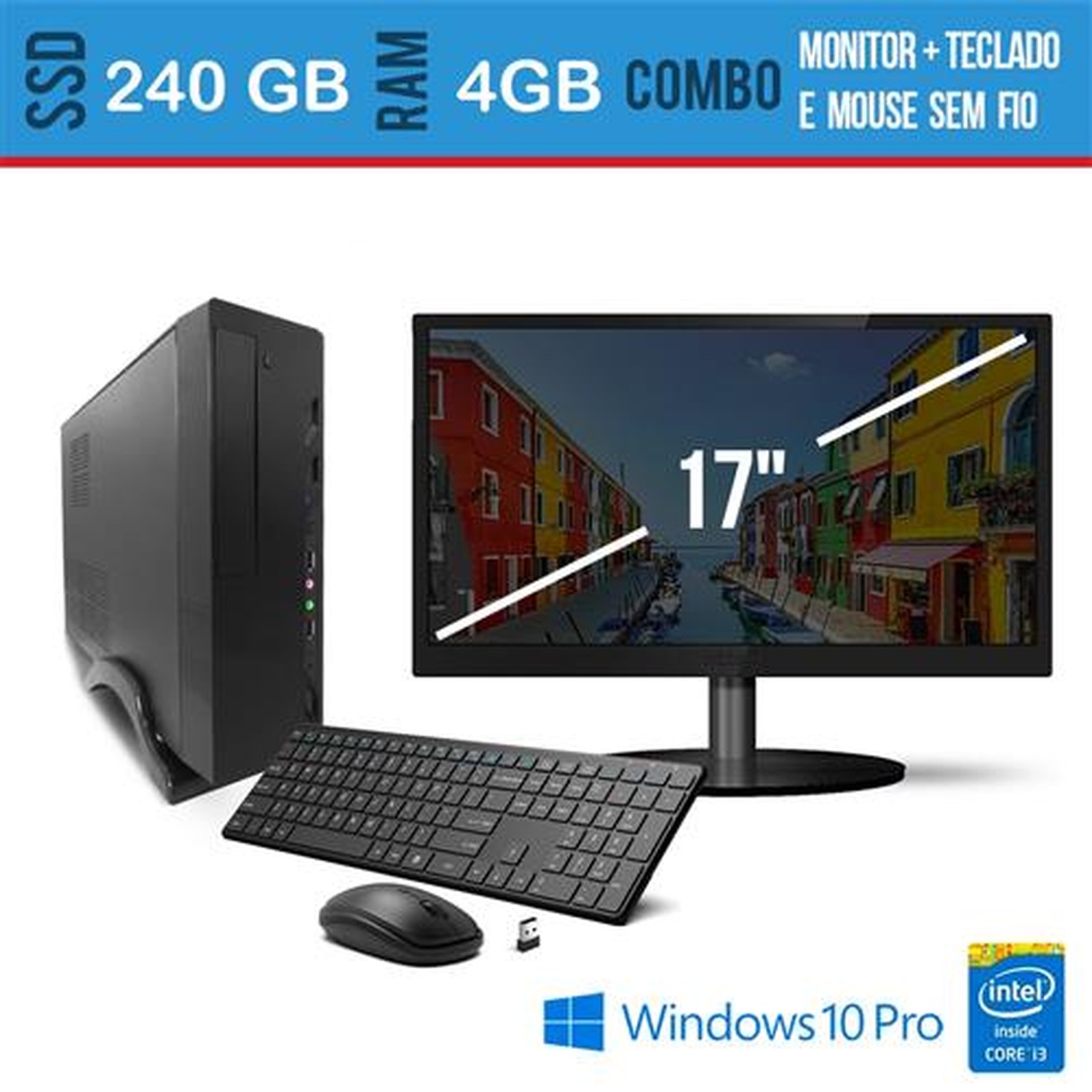 Computador Desktop Megaview Intel i3 4GB Pro SSD 240 teclado e Mouse sem fio Monitor 17 e Windows