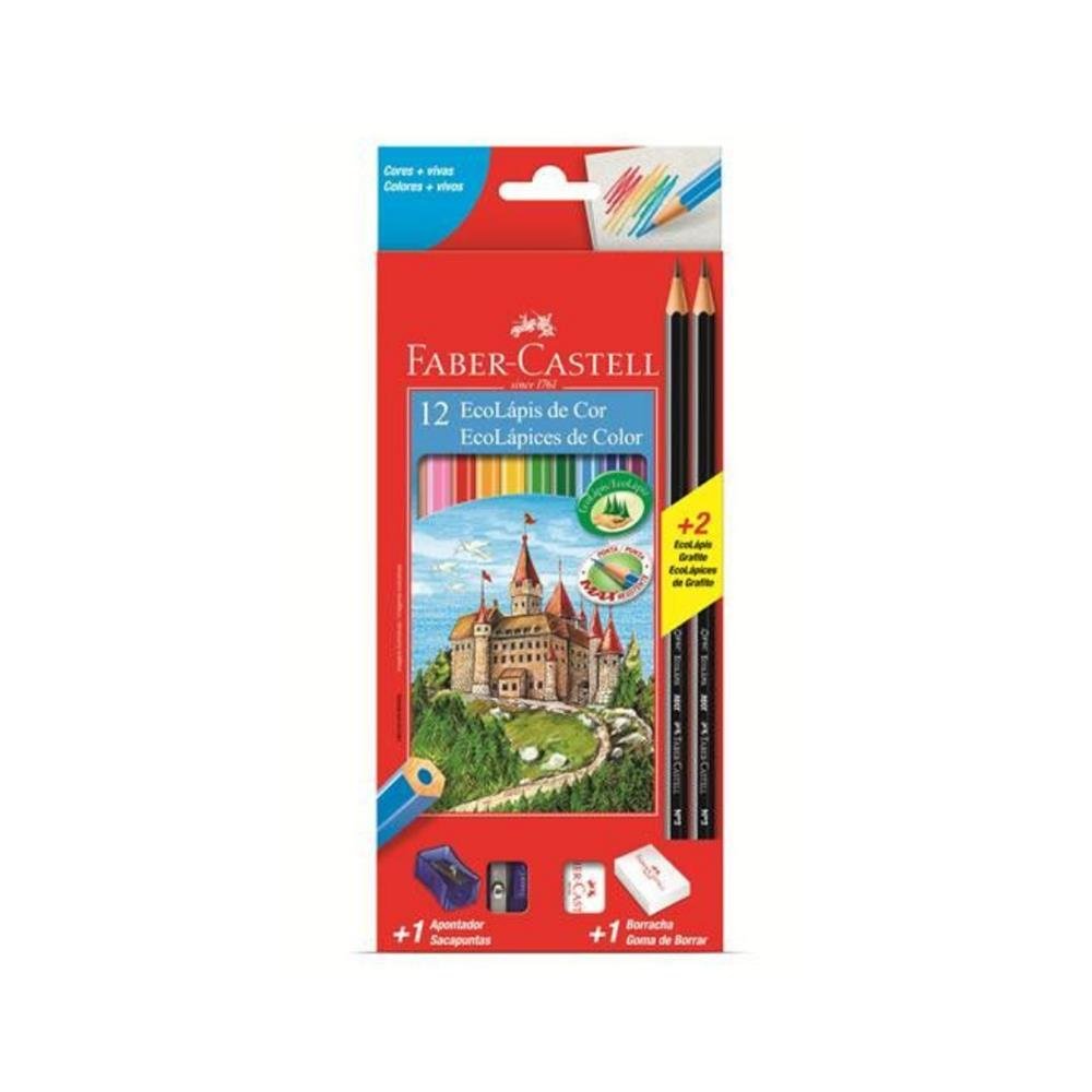 Kit Escolar Faber Castell Com 12 Lapis de Cor + 2 Lapis Preto + Borracha + Apontador