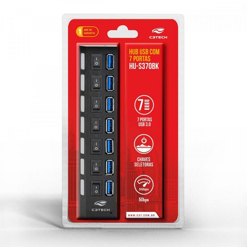 Hub Usb 3.0 C3tech 7 Portas C/chave Hu-s370bk Preto