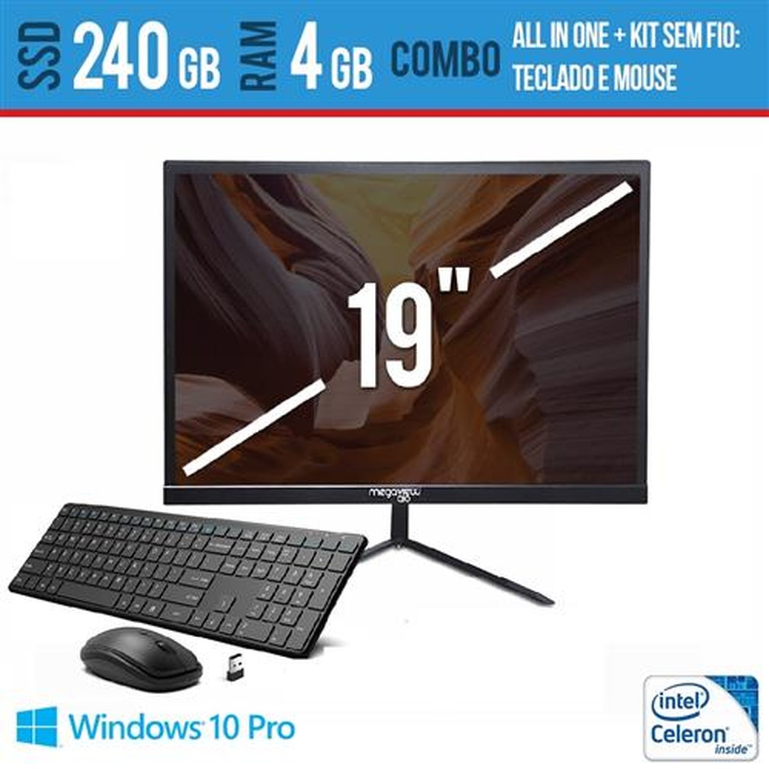 Computador All In One Intel Celeron 19 Multimidia 4GB SSD 240 GB Teclado e Mouse sem fio Windows Pr