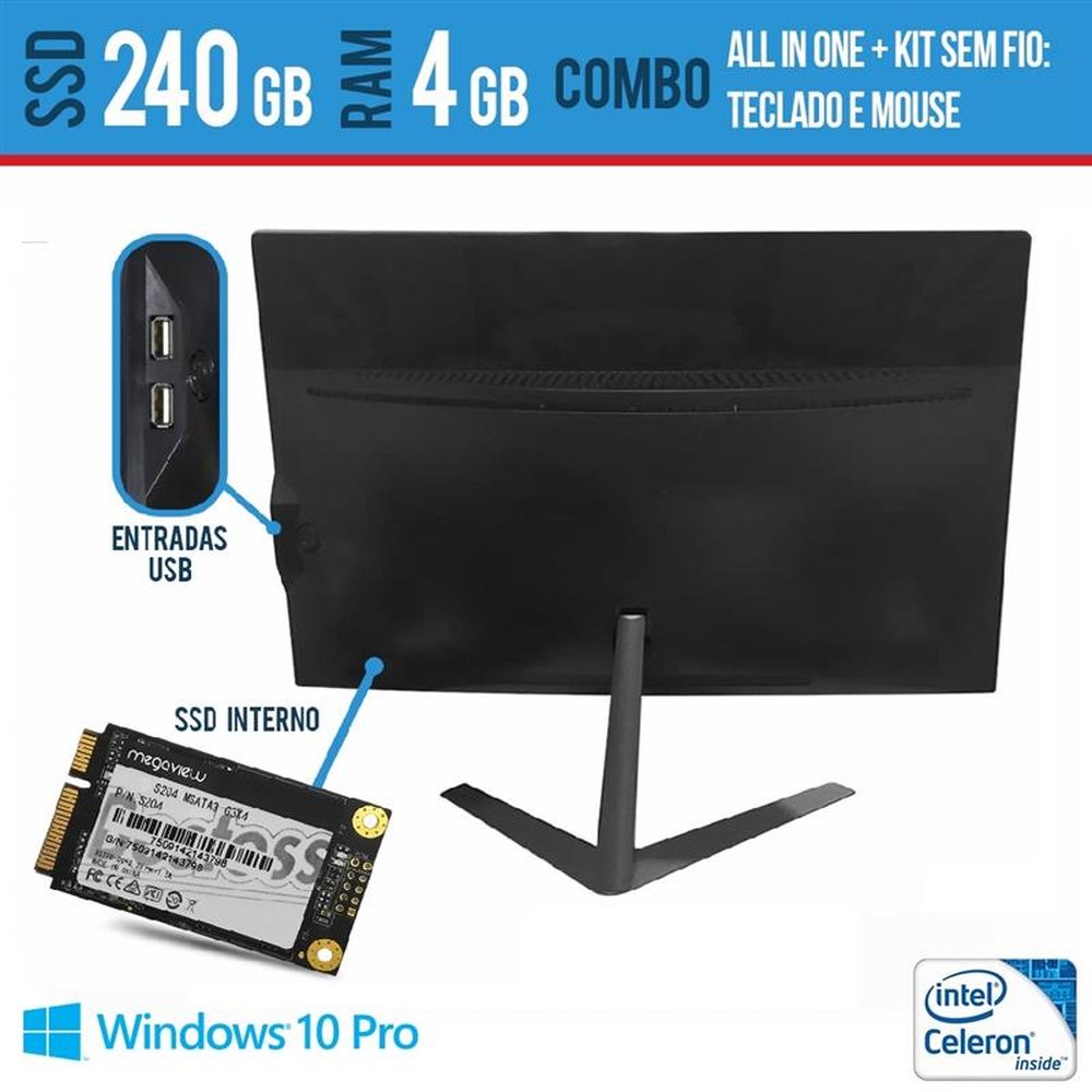 Computador All In One Intel Celeron 19 Multimidia 4GB SSD 240 GB Teclado e Mouse sem fio Windows Pro e Wifi