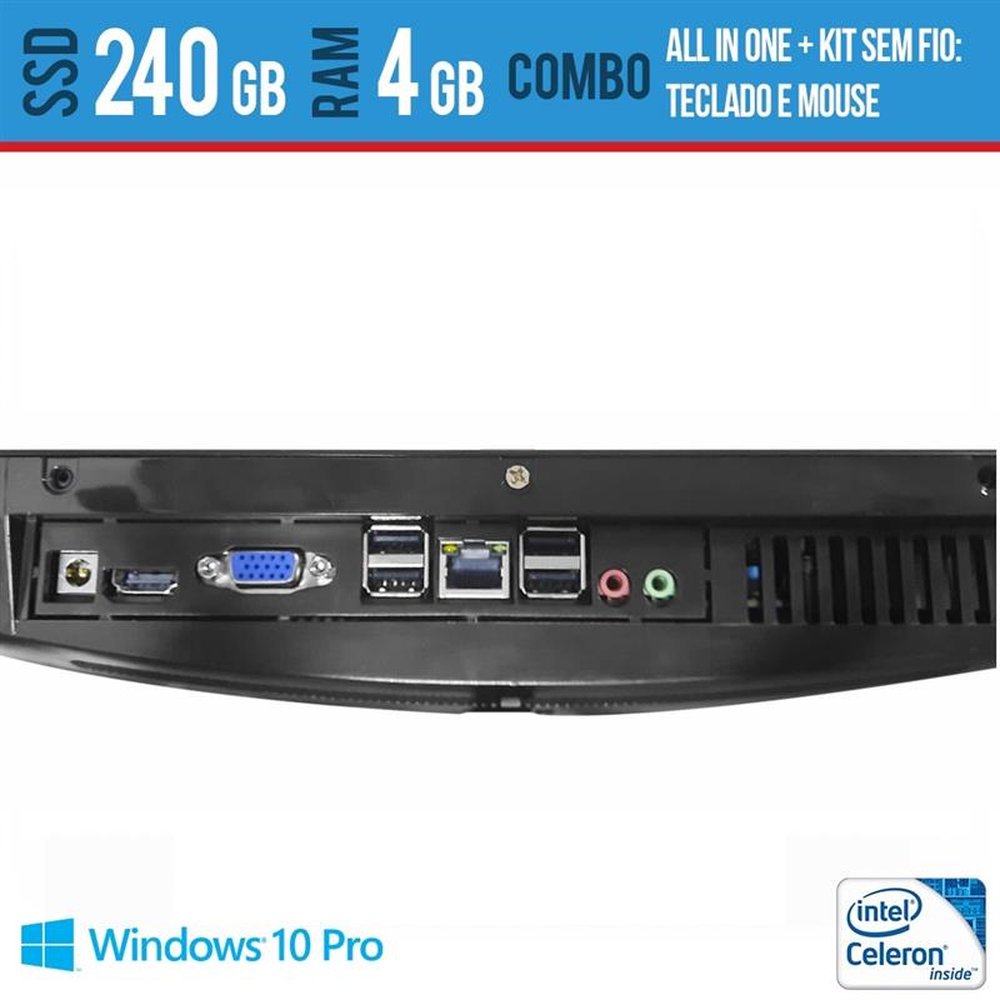 Computador All In One Intel Celeron 19 Multimidia 4GB SSD 240 GB Teclado e Mouse sem fio Windows Pro e Wifi