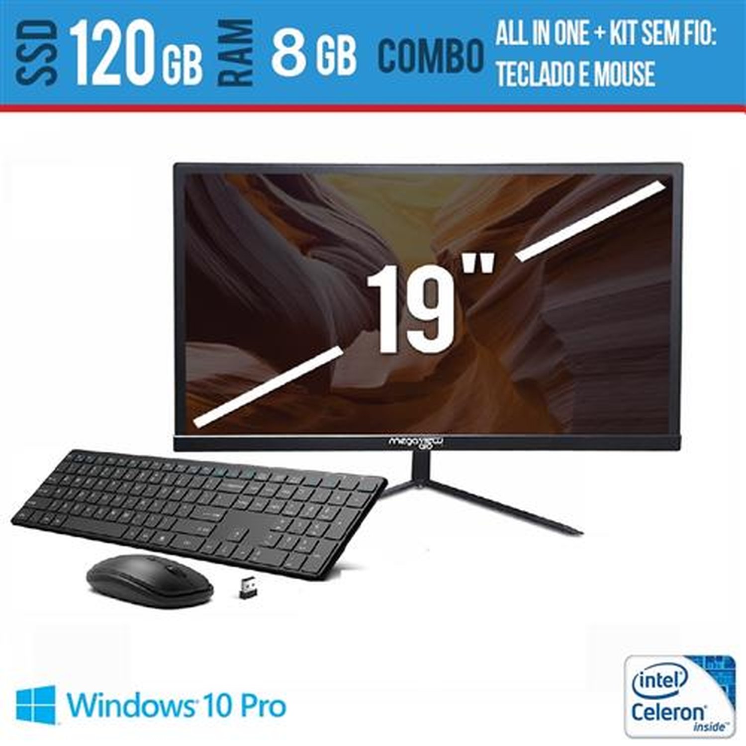 Computador All In One 19 Multimidia 8 GB SSD 120 GB Teclado e Mouse Sem fio Windows Pro e WiFi