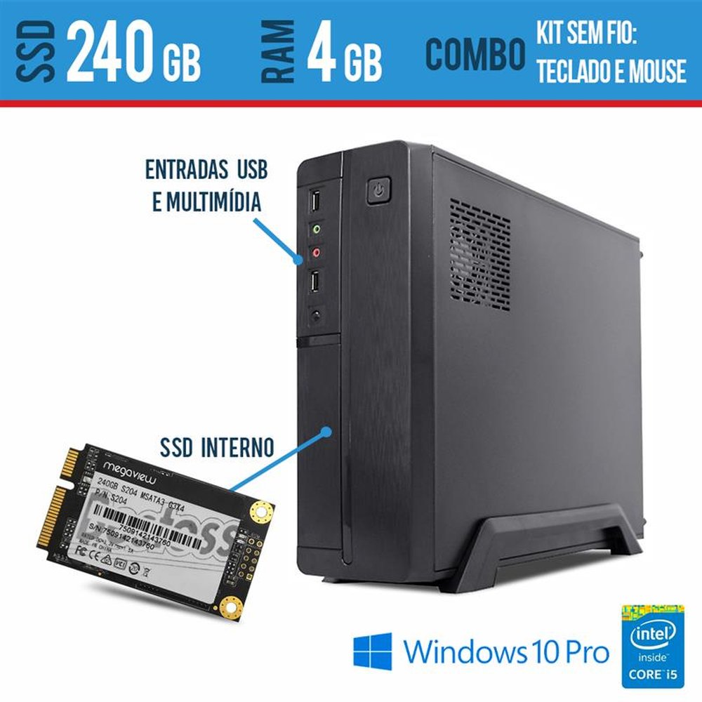 Computador Desktop Slim Intel i5 4GB SSD 240 teclado e Mouse sem fio Windows Pro