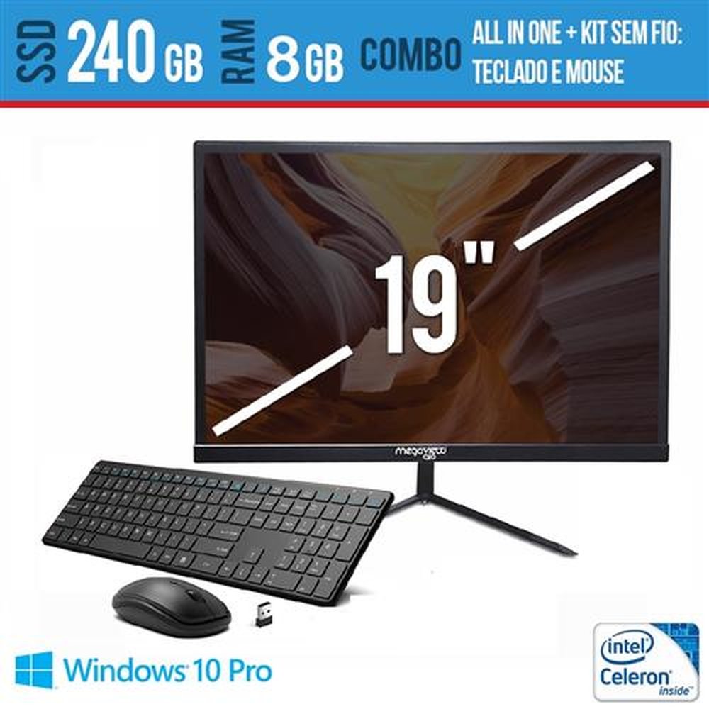 Computador All In One Intel Celeron 19 Multimidia 8GB SSD 240 GB Teclado e Mouse sem fio Windows Pro Wi fi