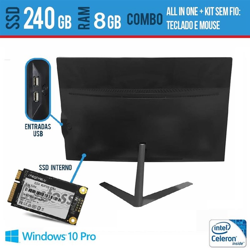 Computador All In One Intel Celeron 19 Multimidia 8GB SSD 240 GB Teclado e Mouse sem fio Windows Pro Wi fi