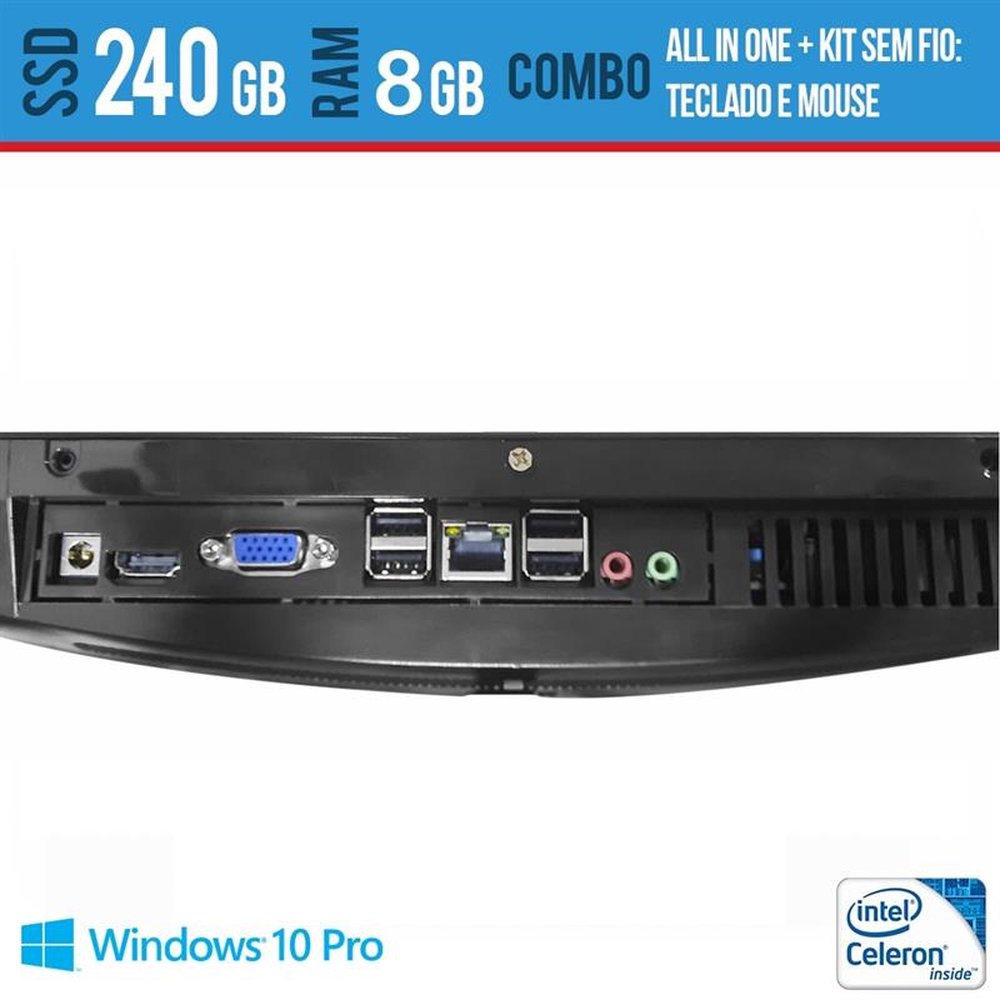 Computador All In One Intel Celeron 19 Multimidia 8GB SSD 240 GB Teclado e Mouse sem fio Windows Pro Wi fi