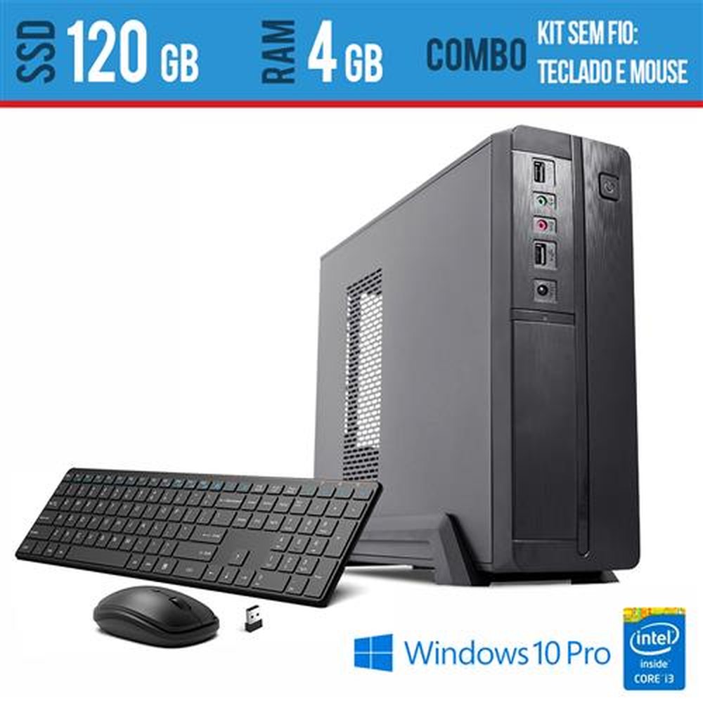Computador Desktop Slim Intel i3 4GB Pro SSD 120 teclado e Mouse sem fio