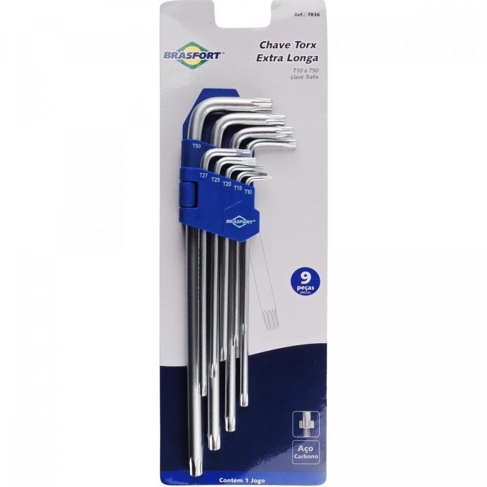 Kit Chaves Hexalobular Longas T10 á T40 com 9 peças Brasfort
