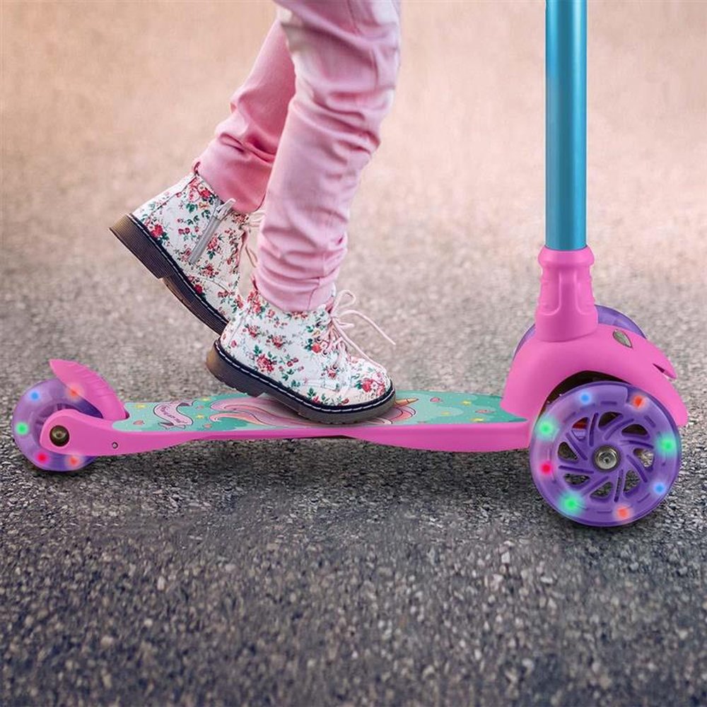 Patinete 3 Rodas com LED Guidão Ajustável Suporta até 40Kg Modelo Unicórnio Azul/Rosa Atrio - ES113