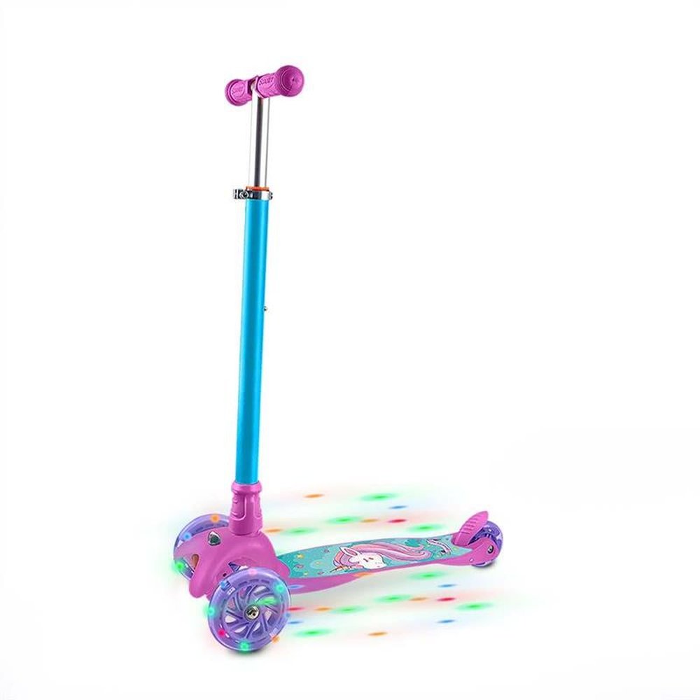 Patinete 3 Rodas com LED Guidão Ajustável Suporta até 40Kg Modelo Unicórnio Azul/Rosa Atrio - ES113