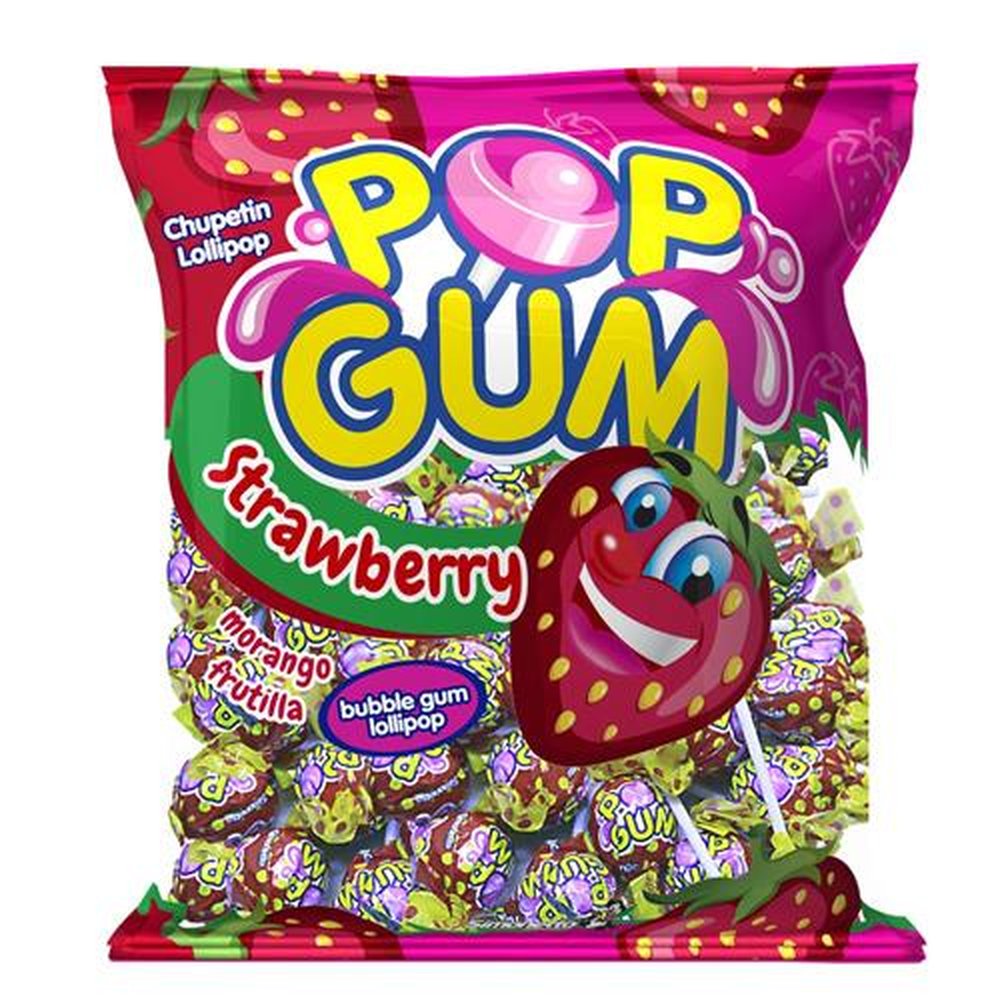 Pirulito Pop Gum Morango 500g (caixa com 18 pacotes)