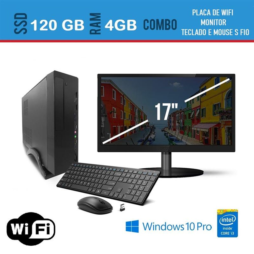 Computador Desktop Slim Megaview Intel i3 4GB Pro SSD 120 teclado e Mouse sem fio Monitor 17 e Windows com Placa Wifi