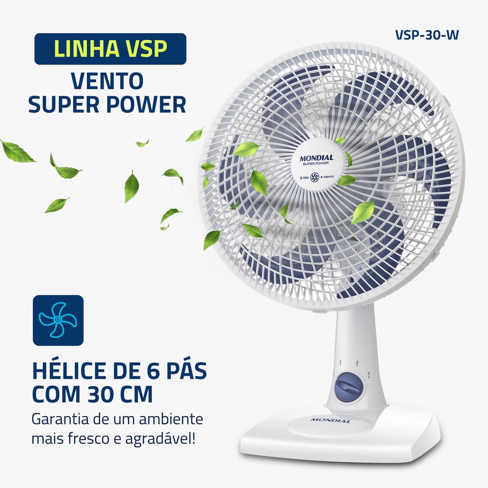 Ventilador de Mesa Mondial Super Power 30cm 6 Pás VSP-30-W - 110V BRANCO