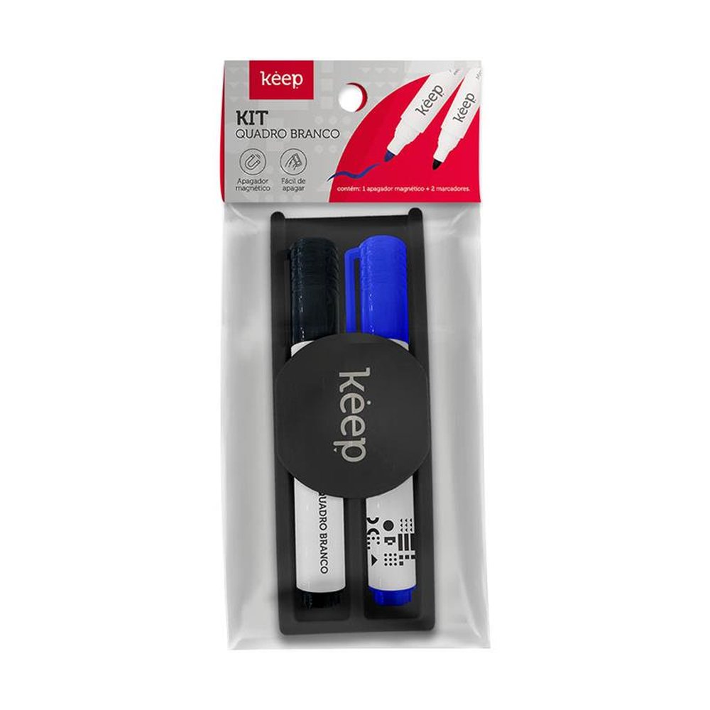 Kit Marcador Quadro Branco 2 unidades Com Apagador Magnético Keep - MR010