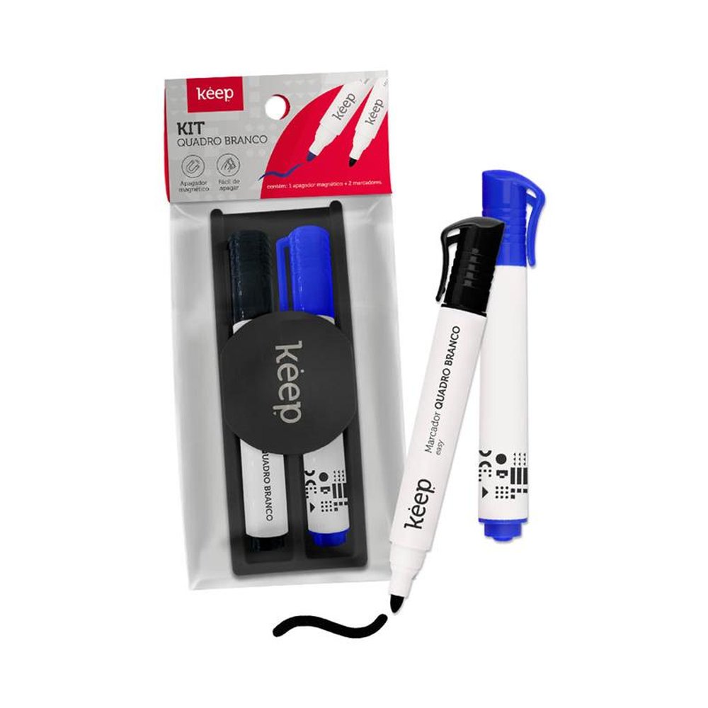 Kit Marcador Quadro Branco 2 unidades Com Apagador Magnético Keep - MR010