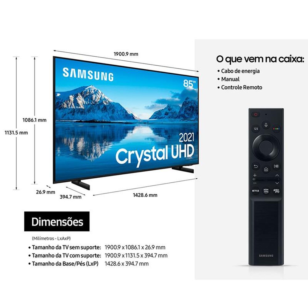 Smart TV 85" Crystal UHD 4K Samsung 85AU8000.