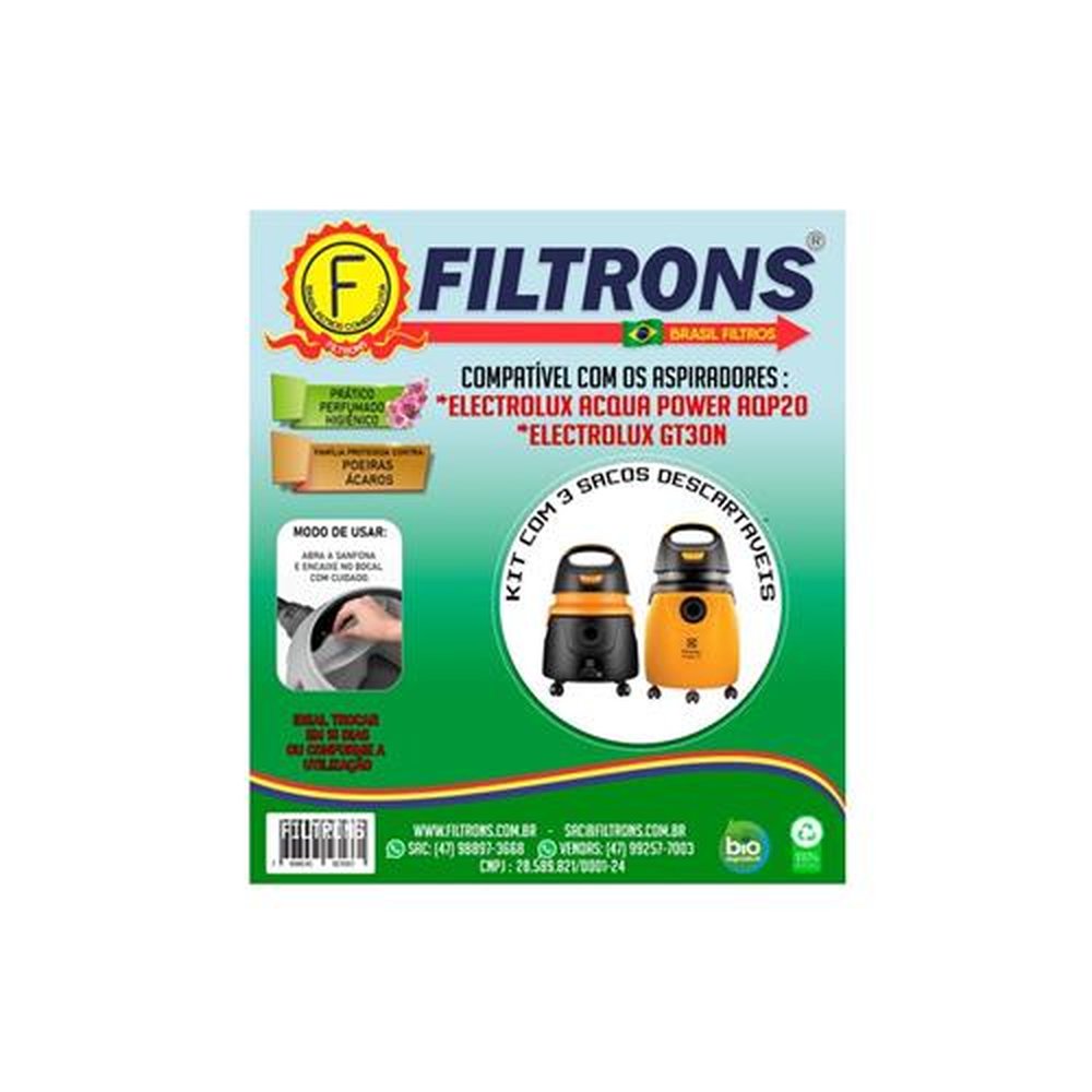 Filtro para Aspirador de Pó Electrolux AQP20 Acqua Power com 3 peças 10L Filtrons