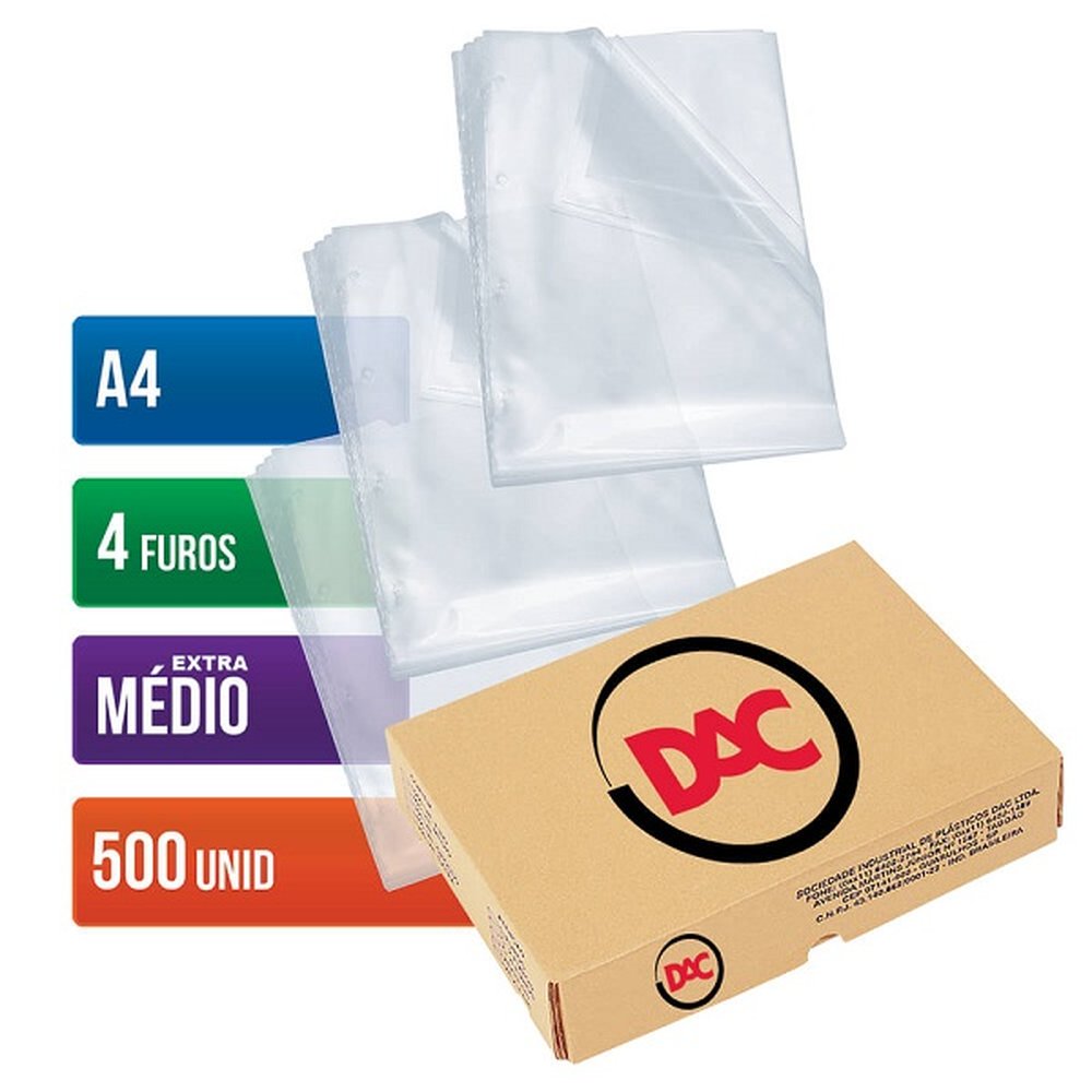 Envelopes Plásticos Dac Blister Extra Médio A4 500 unidades 4 furos