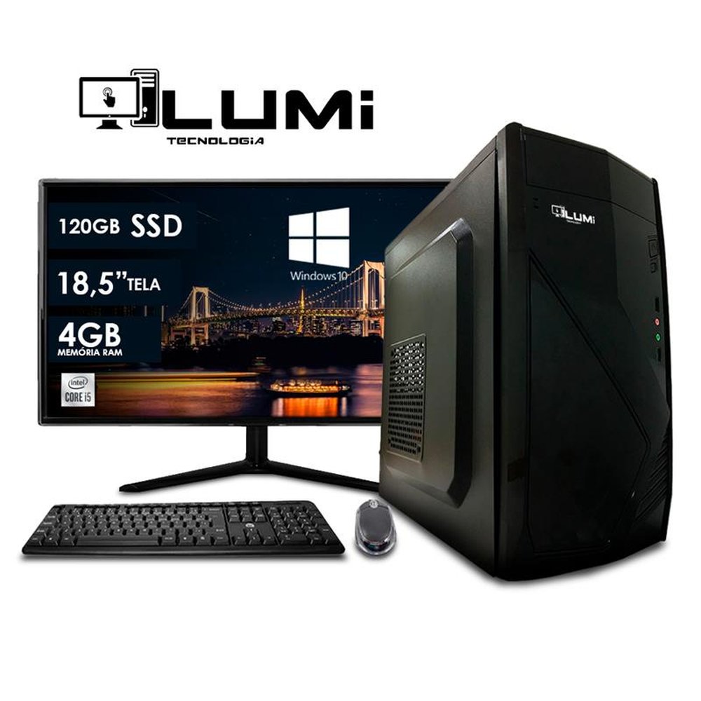 Computador Desktop + Monitor LCD 18.5" Intel Core i5 4GB SSD 120GB Windows 10 + Teclado e Mouse - Lumitec