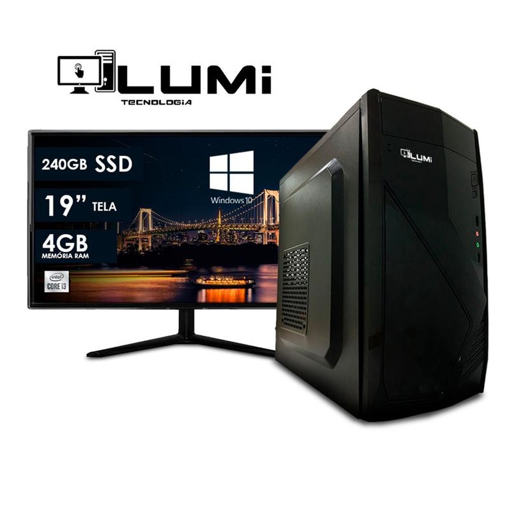 Computador Desktop + Monitor LCD 18.5" Intel Core i3 4GB SSD 240GB Windows 10 - Lumitec