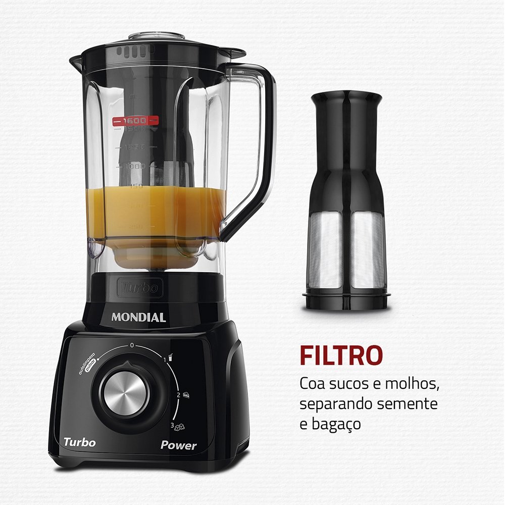 Liquidificador Mondial L-99 com Filtro - Copo Cristal, 3 Velocidades + Pulsar, 550W, Preto, 220V