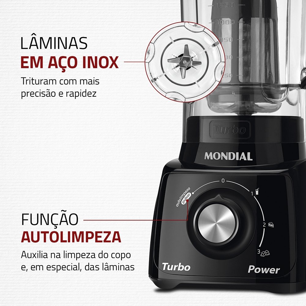 Liquidificador Mondial L-99 com Filtro - Copo Cristal, 3 Velocidades + Pulsar, 550W, Preto, 220V