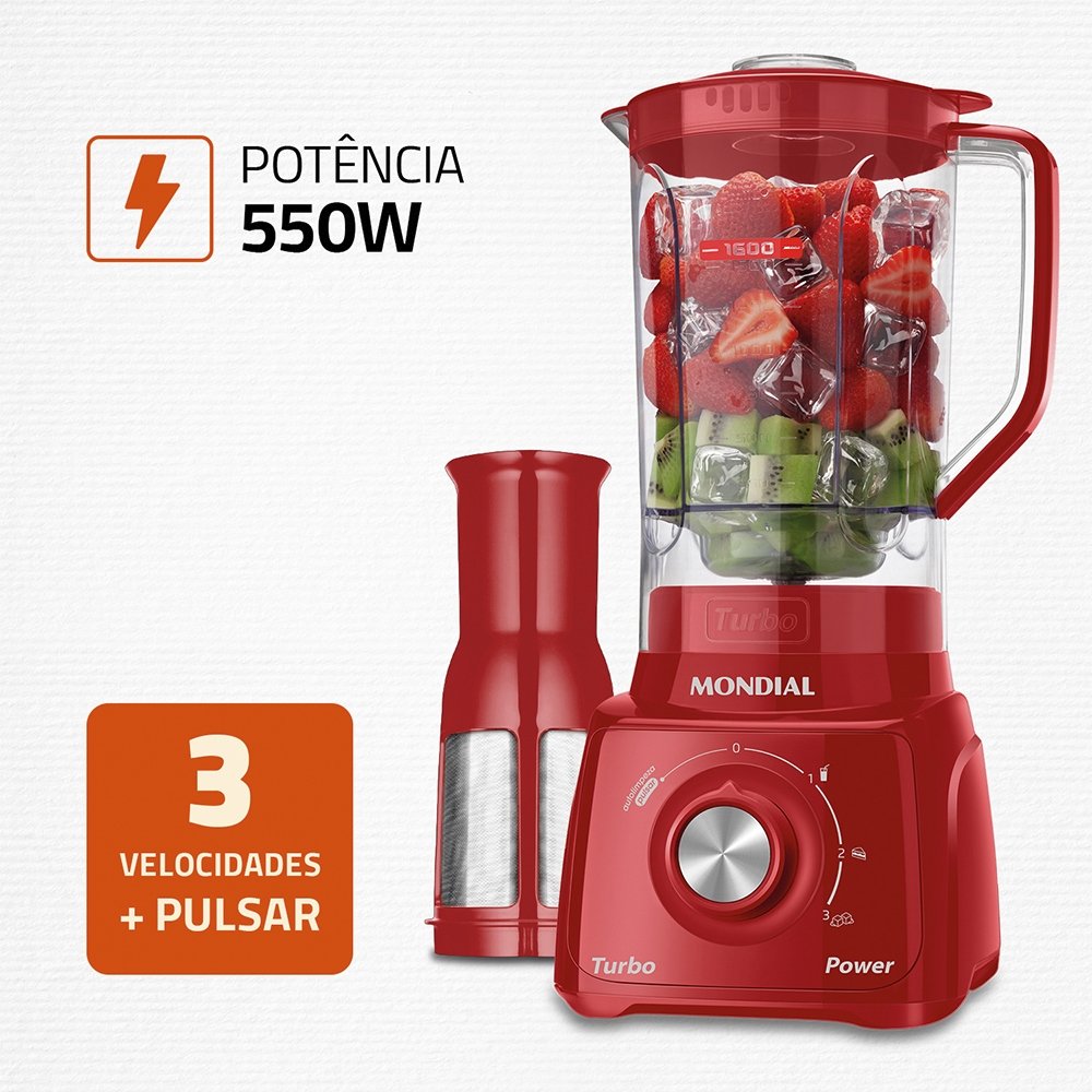 Liquidificador Mondial L-99 com Filtro - Copo Cristal, 3 Velocidades + Pulsar, 550W, Vermelho, 220V