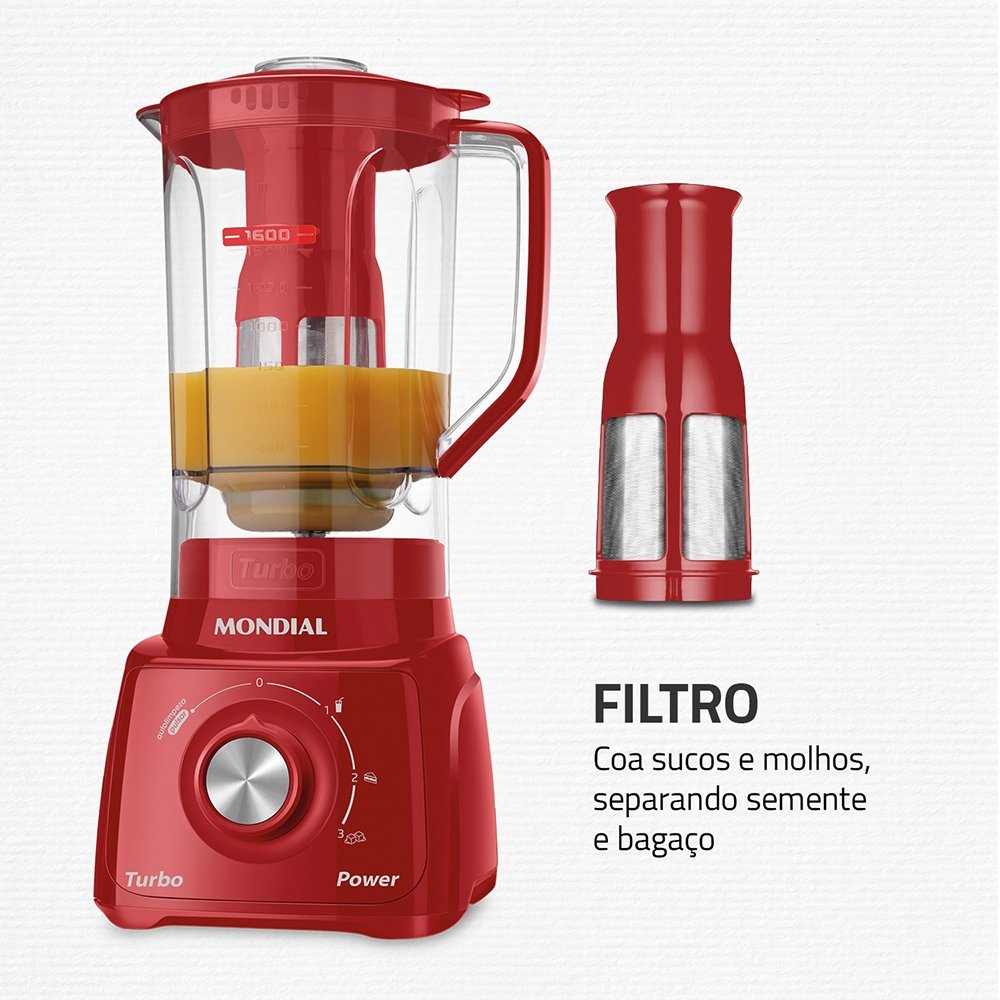 Liquidificador Mondial L-99 com Filtro - Copo Cristal, 3 Velocidades + Pulsar, 550W, Vermelho, 220V