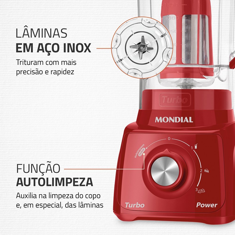 Liquidificador Mondial L-99 com Filtro - Copo Cristal, 3 Velocidades + Pulsar, 550W, Vermelho, 220V