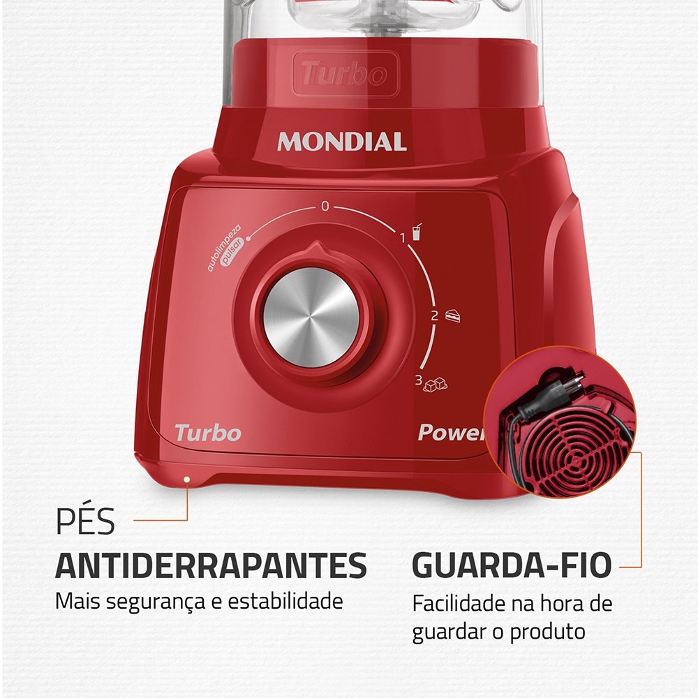 Liquidificador Mondial L-99 com Filtro - Copo Cristal, 3 Velocidades + Pulsar, 550W, Vermelho, 220V
