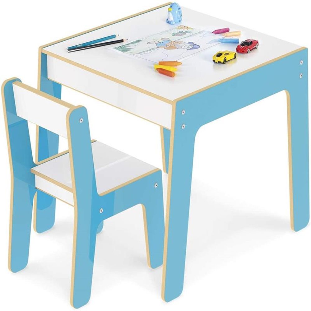 Conjunto Mesa Infantil Em Madeira Com Cadeira Azul Mesinha Didatica - Junges