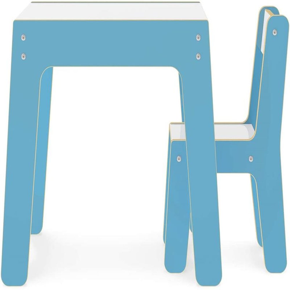 Conjunto Mesa Infantil Em Madeira Com Cadeira Azul Mesinha Didatica - Junges