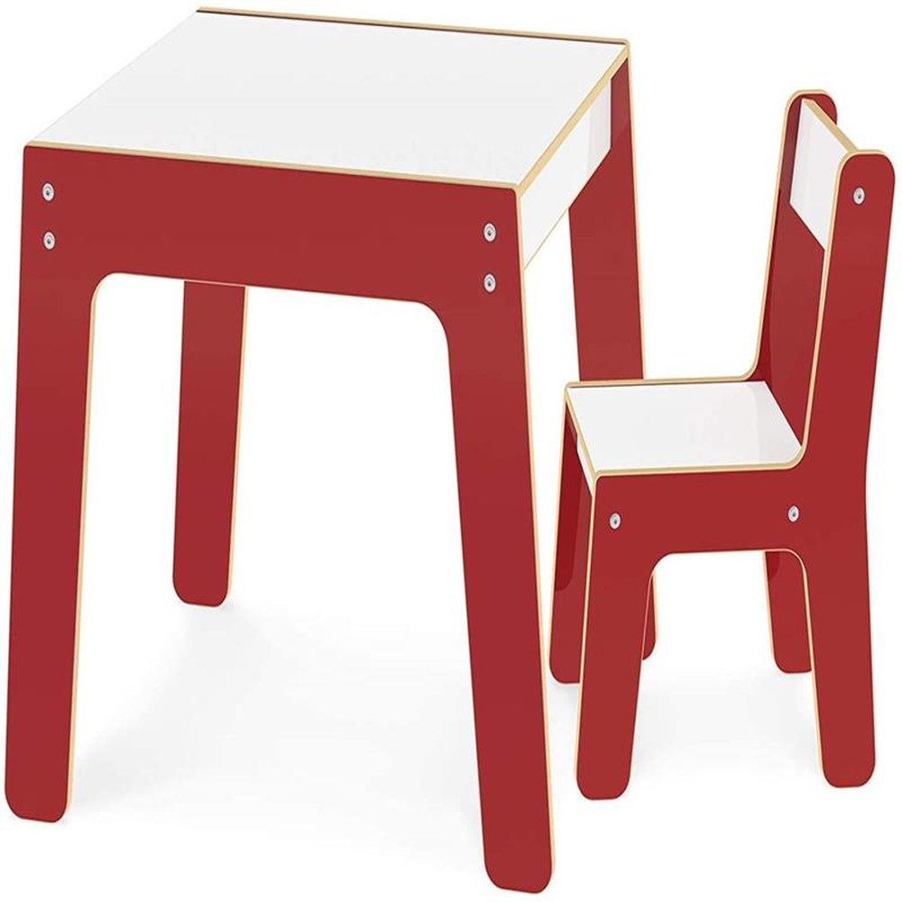 Conjunto Mesa Infantil Em Madeira Com Cadeira Vermelha Mesinha Didatica - Junges